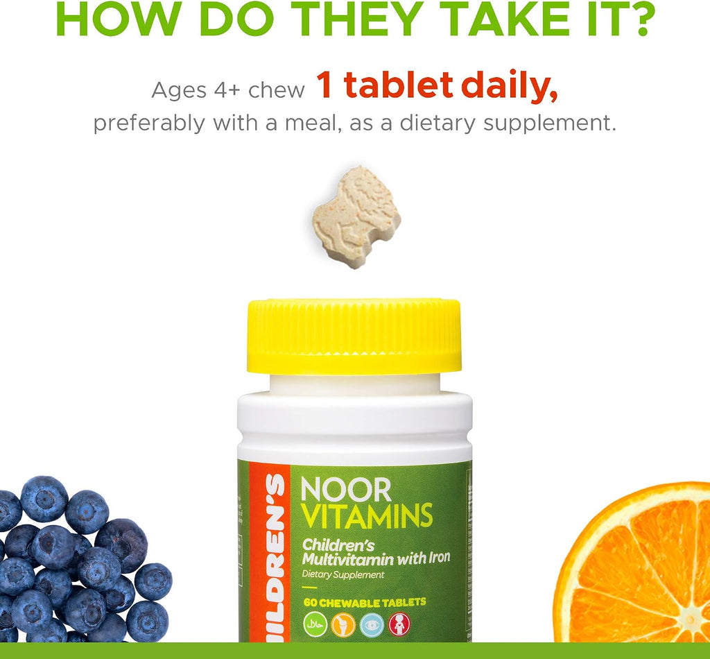 Noor Vitamins Children's Chewable Multivitamin with Iron - 60 Tablets (2 Month Supply)