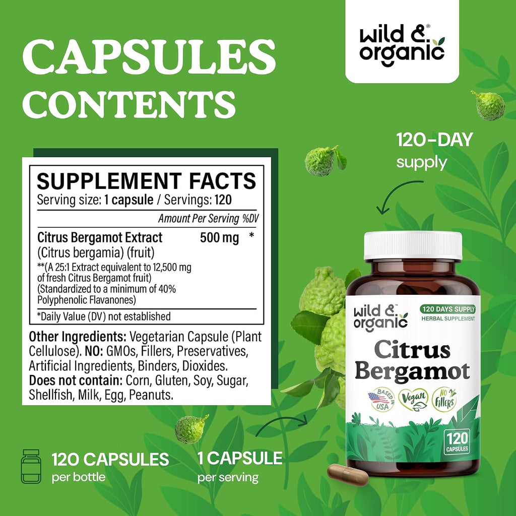 Wild & Organic Cápsulas de Bergamota Cítrica - Antioxidante y Apoyo General - Extracto de Citrus Bergamia - Vegano, Sin Rellenos, No OGM - 120 Cápsulas