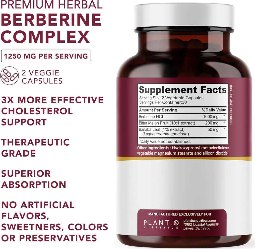 Berberine Supplement - 10xHigher Absorption Berberine HCI Complex with Bitter Lemon & Banaba Leaf - Cholesterol & Metabolic Support - 60 Capsules Non-GMO