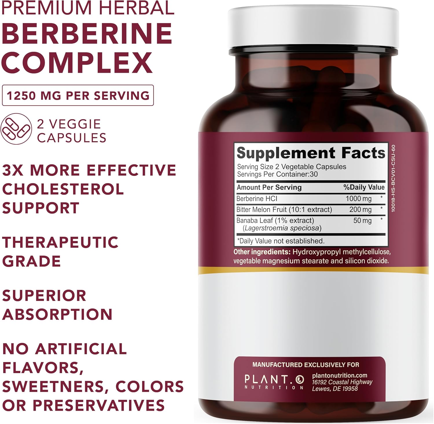 Berberine Supplement - 10xHigher Absorption Berberine HCI Complex with Bitter Lemon & Banaba Leaf - Cholesterol & Metabolic Support - 60 Capsules Non-GMO