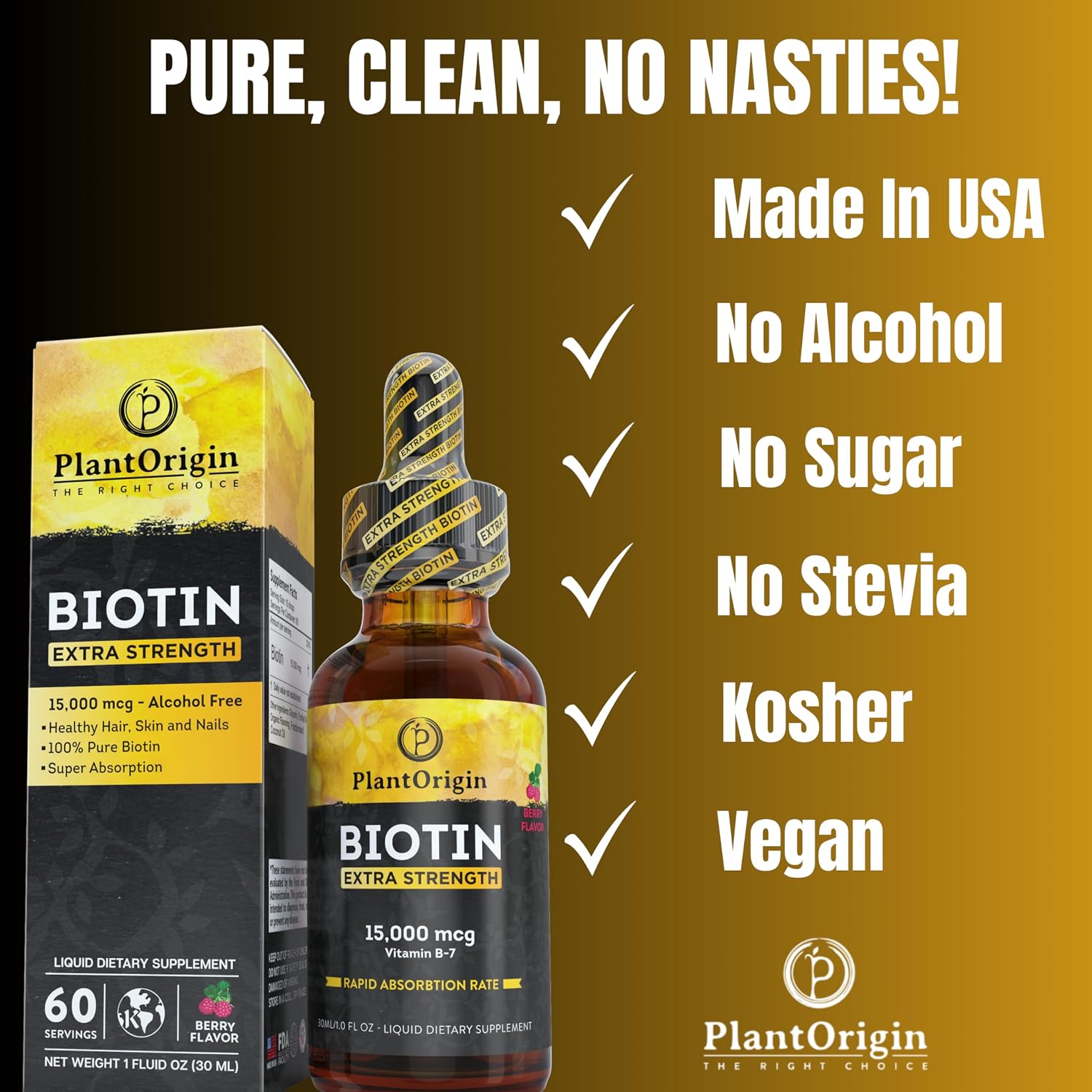 Biotina Líquida 15.000 mcg – Gotas de Vitamina B7 de Alta Absorción | Vegano, Kosher, Sin Azúcar, Sin Alcohol | 60 Dosis