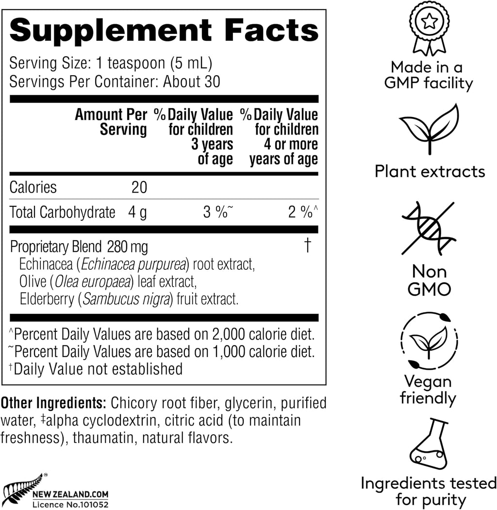 Children's Immune + Wellbeing Herbal Syrup - Jarabe Herbal para Defensas Infantiles con Saúco, Equinácea y Olivo - Sabor a Saúco - 150 ml (30 dosis)