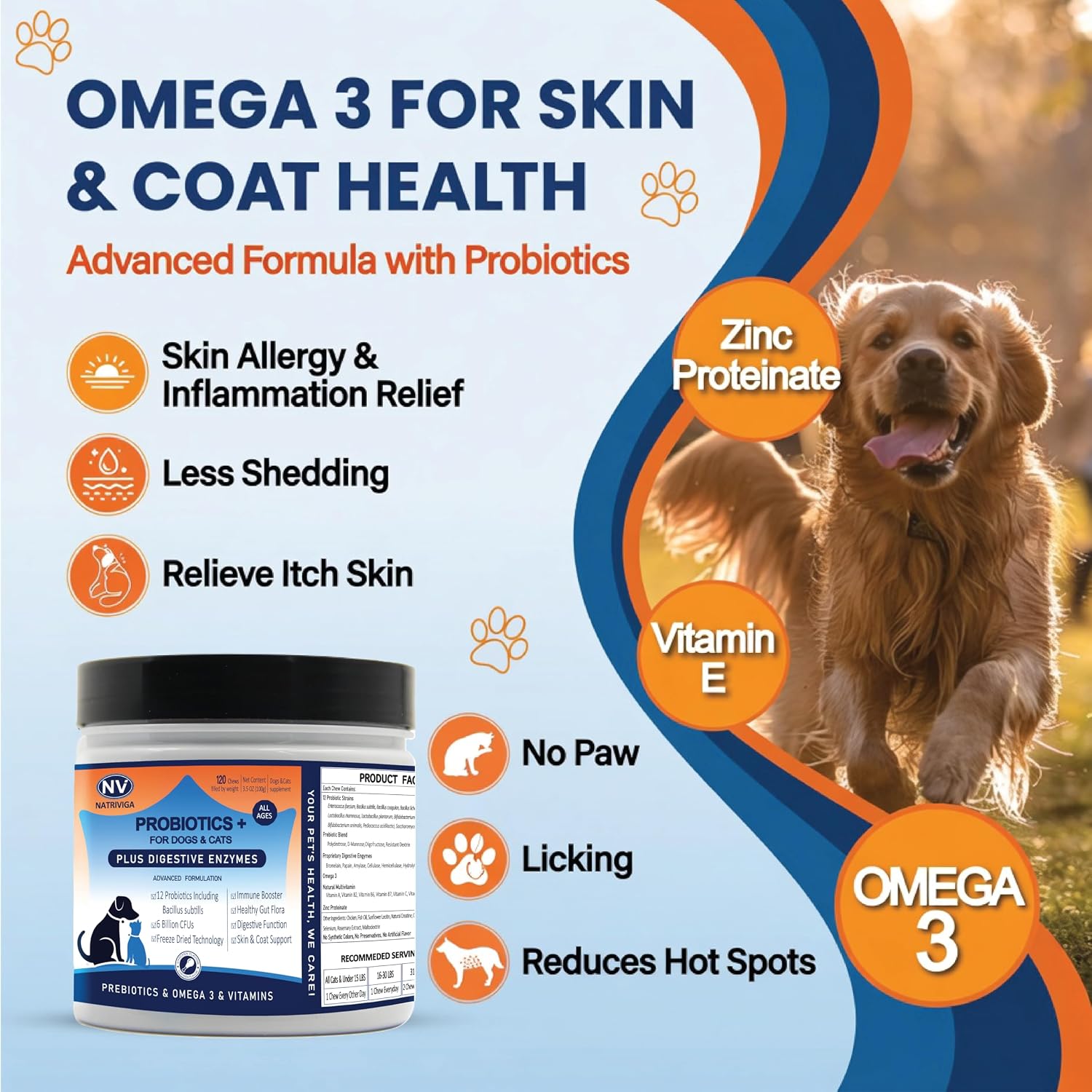Probióticos liofilizados para perros - Apoya la salud digestiva, piel, alergias e inmunidad - con enzimas digestivas, omega-3, zinc y prebióticos - 120 masticables sabor pollo