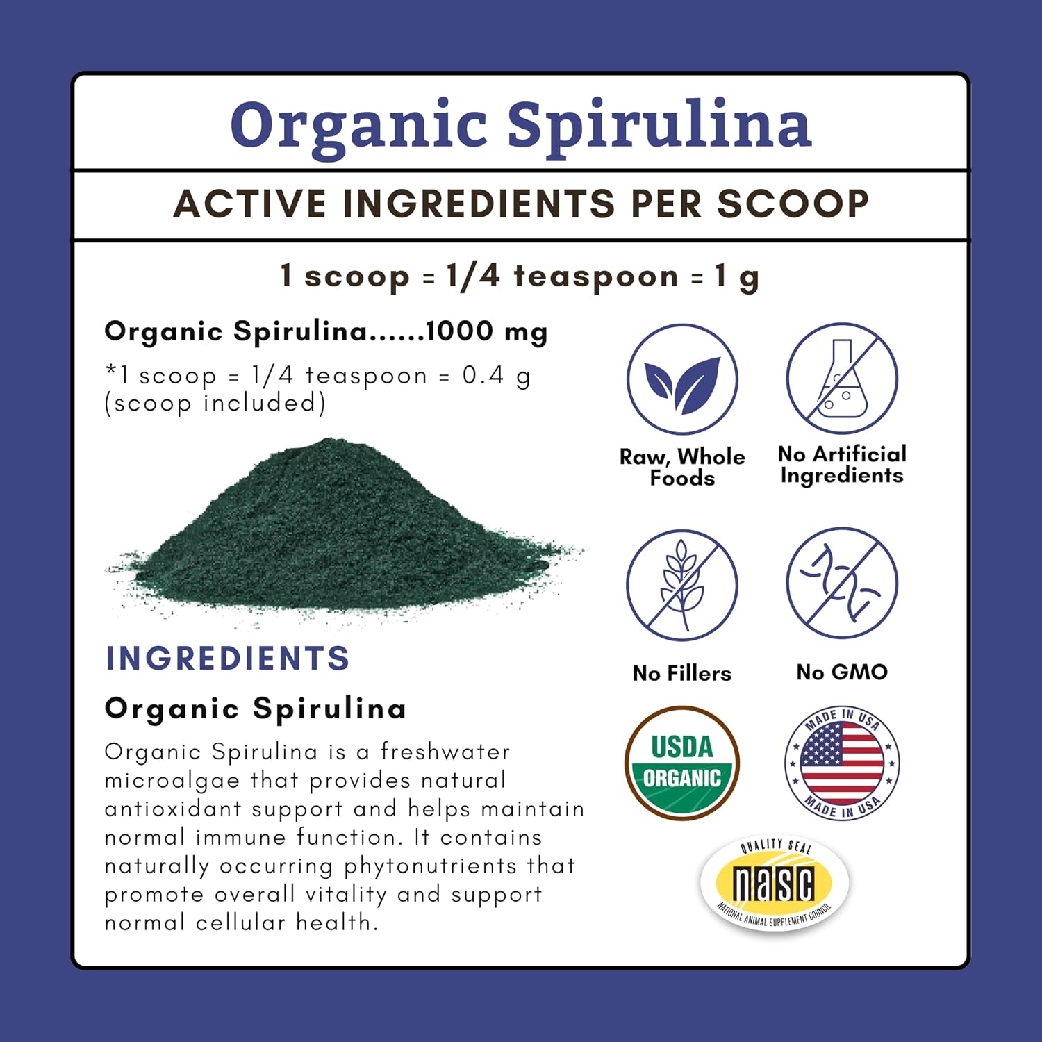 Wholistic Pet Organics Espirulina en Polvo para Perros y Gatos - 85 Dosis