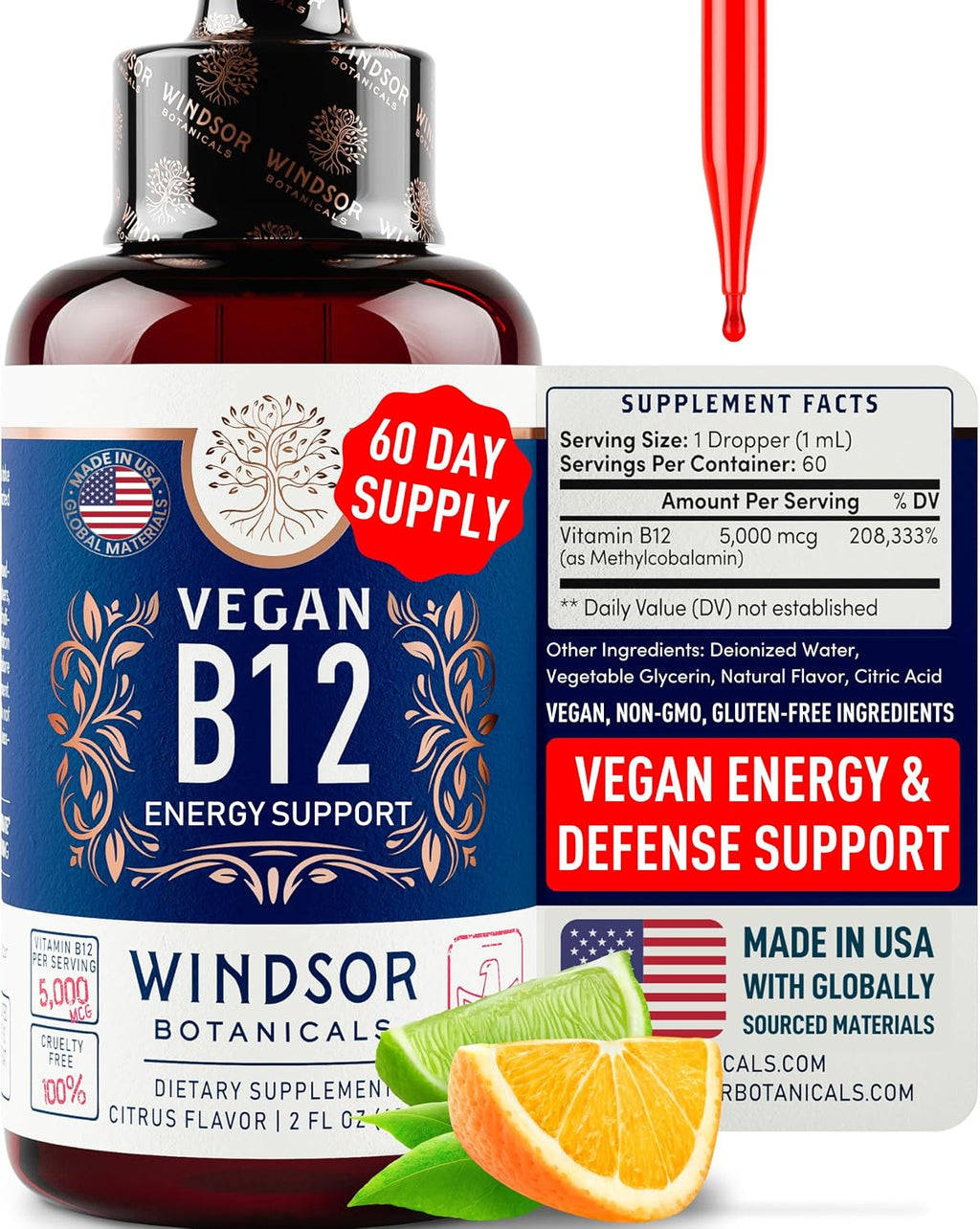 WINDSOR BOTANICALS Vitamina B12 Líquida Vegana - Metilcobalamina 5000 mcg - Gotas Sublinguales de Absorción Rápida - Sabor Cítrico, 60 ml