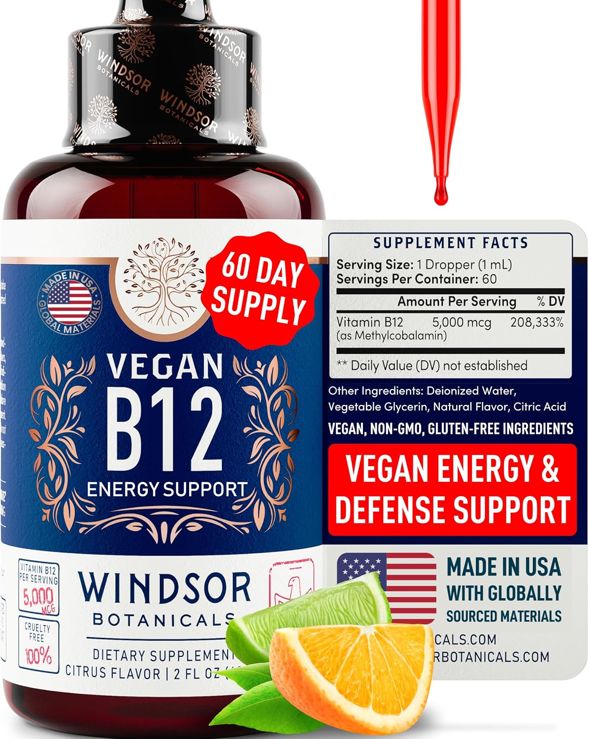 WINDSOR BOTANICALS Vitamina B12 Líquida Vegana - Metilcobalamina 5000 mcg - Gotas Sublinguales de Absorción Rápida - Sabor Cítrico, 60 ml