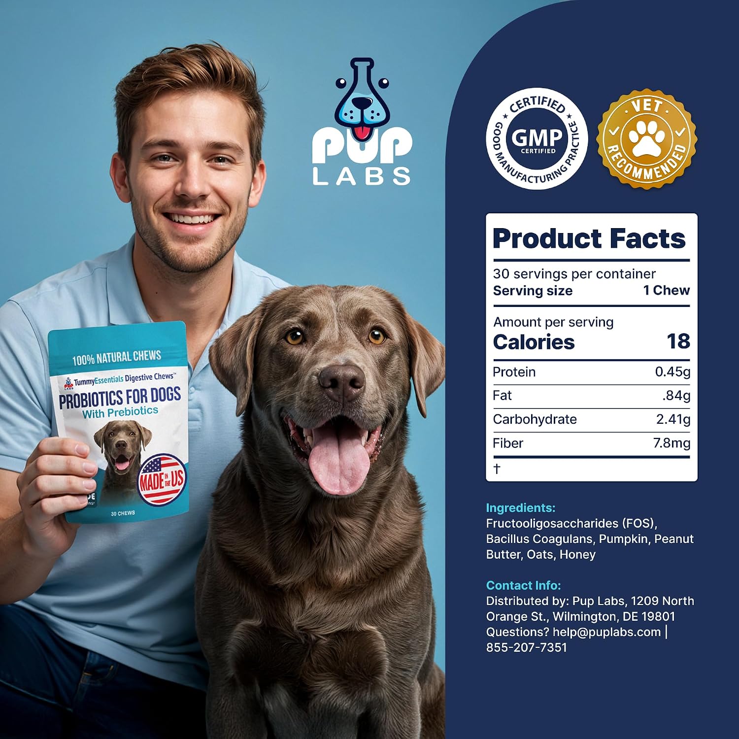 Pup Labs Tummy Essentials Probiotic Chews for Dogs, Supports Gut Health and Firm Stools, 30 Chews