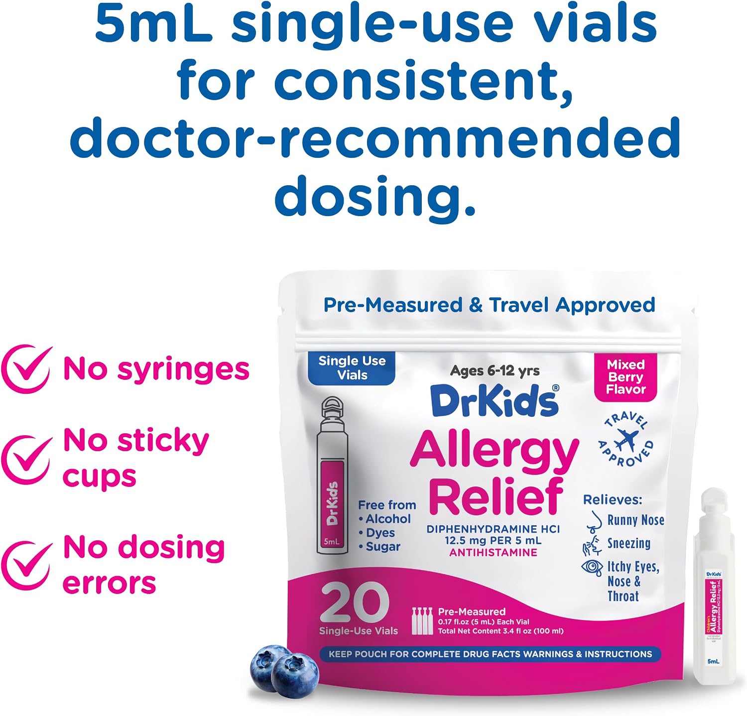Dr. Kids Medicina Infantil para Alergias, Sabor Bayas Mixtas, 20 Viales Premedidos con Difenhidramina 12.5 mg