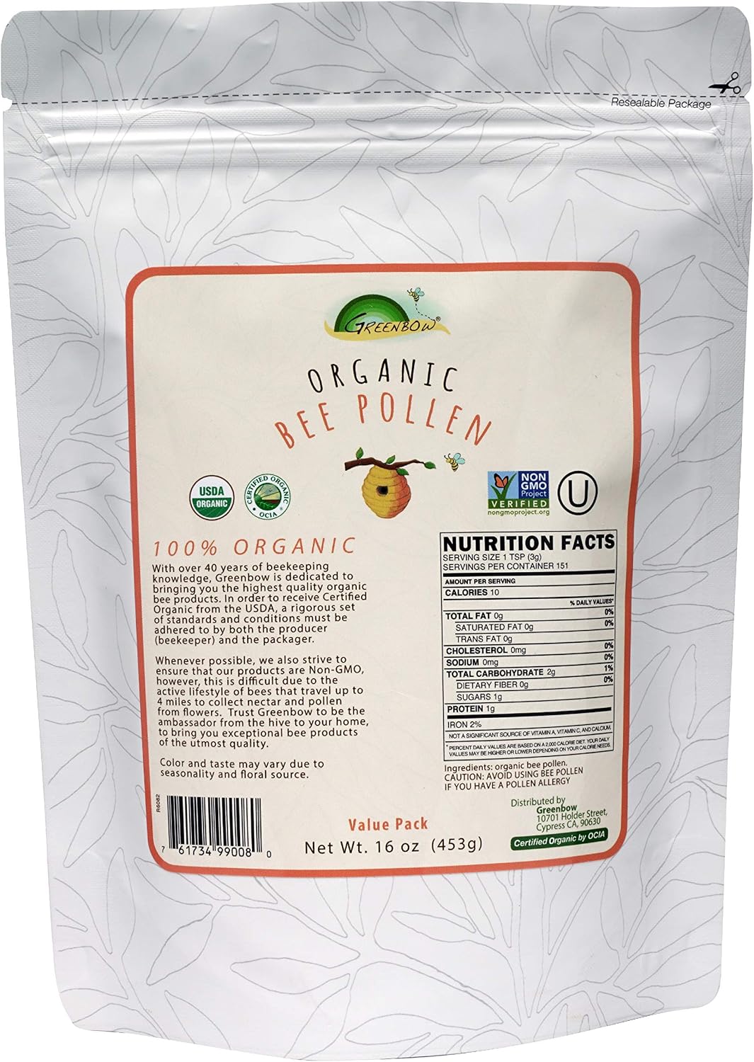 Greenbow Polen de Abeja Orgánico - Certificado USDA, No-GMO, Halal, Kosher, Sin Gluten - 453g
