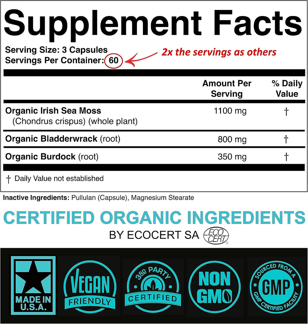 Cápsulas de Musgo Marino Orgánico 2250mg con Bardana y Fucus (180 Cápsulas)