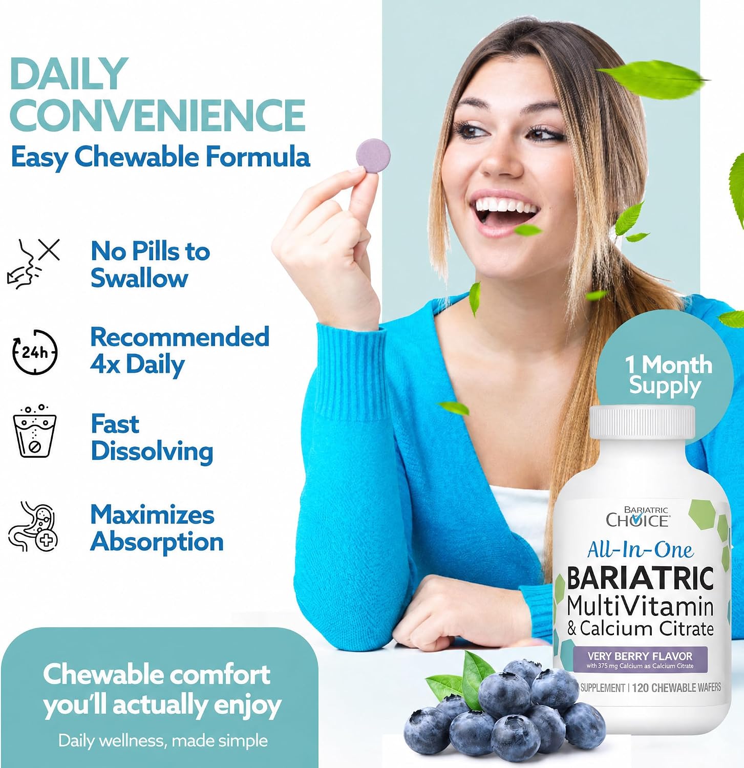 Bariatric Advantage Chewable All-in-One Multivitamin with Iron and Calcium Citrate, Very Berry Flavor (120 tablets)