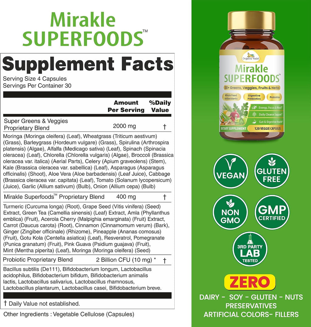 Organic Veda Mirakle Superfoods - Superalimentos Verdes con Probióticos, 40+ Nutrientes Orgánicos, Vitamina C y Resveratrol - 120 Cápsulas