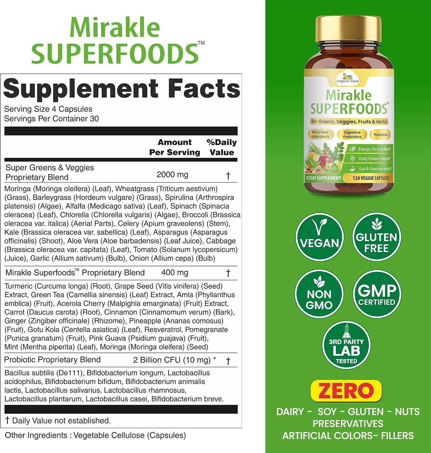 Organic Veda Mirakle Superfoods - Superalimentos Verdes con Probióticos, 40+ Nutrientes Orgánicos, Vitamina C y Resveratrol - 120 Cápsulas