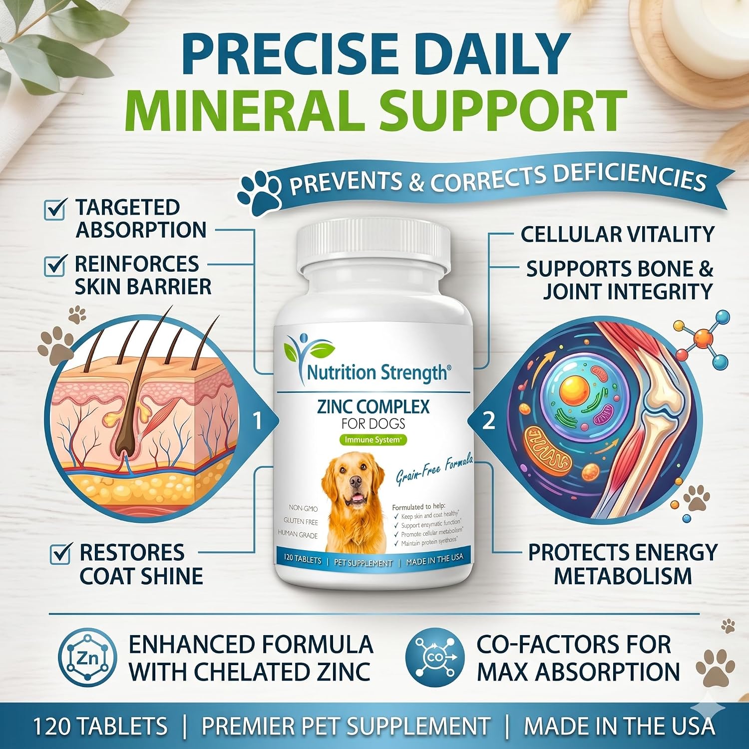 Nutrition Strength Zinc para Perros - Apoyo a la Piel y el Pelaje, Crecimiento Normal, Función Inmune y Metabolismo Celular, con Biotina, Folato, Selenio y Vitamina E, 120 Comprimidos Masticables
