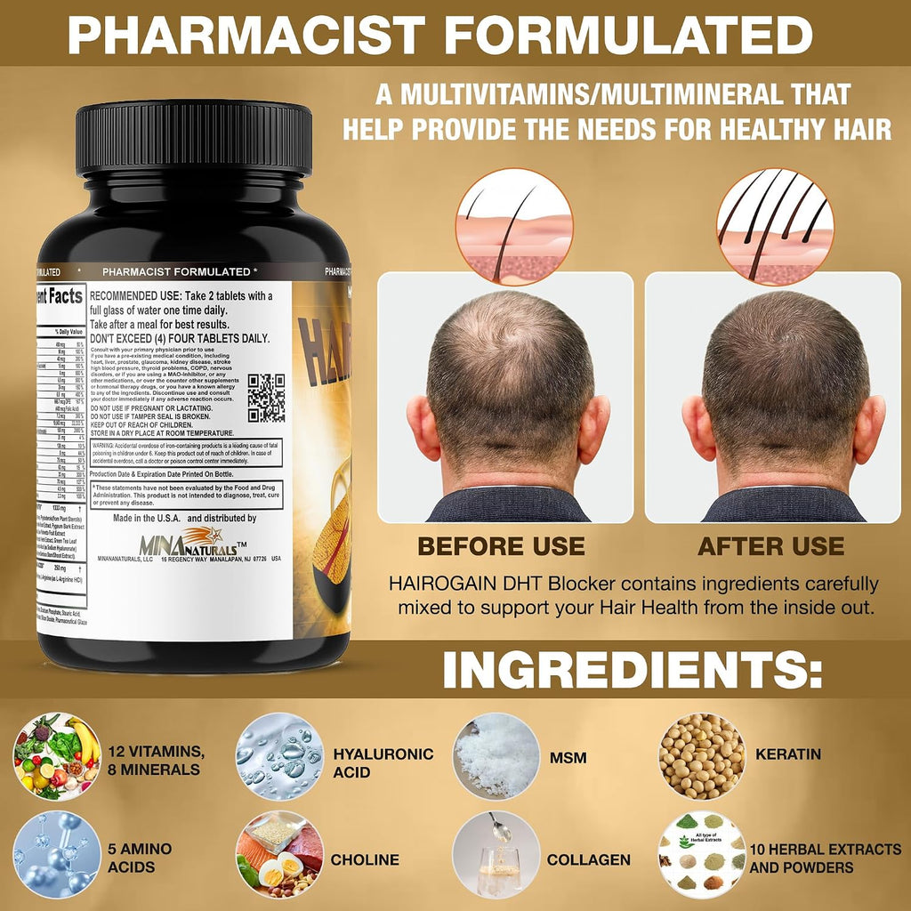 HAIROGAIN DHT Blocker - Biotina 10000 mcg, Colágeno y Vitaminas para el Cabello (60 Comprimidos)
