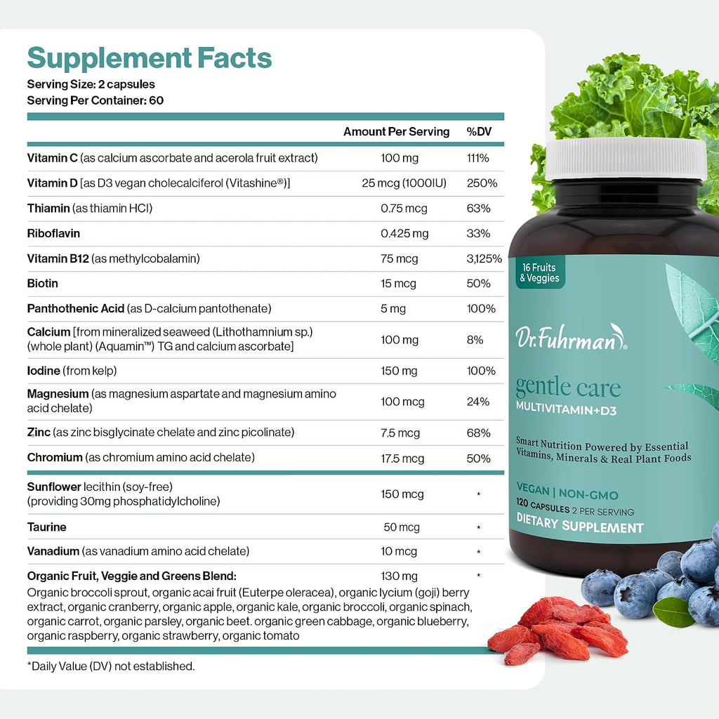 Dr. Fuhrman Multivitamin for All with D3 and Zinc - 2 Month Supply - Vegan Formula with 17 Fruits and Vegetables