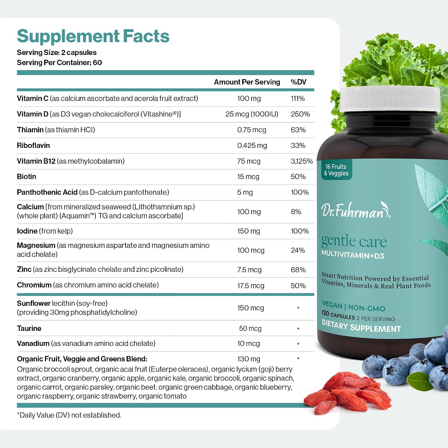 Dr. Fuhrman Multivitamin for All with D3 and Zinc - 2 Month Supply - Vegan Formula with 17 Fruits and Vegetables