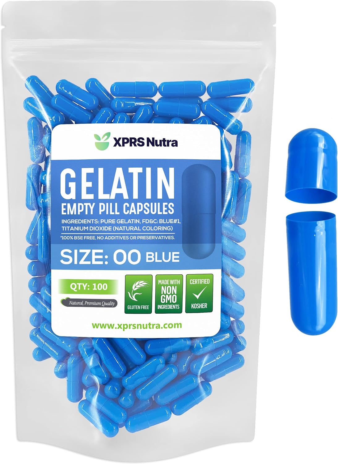 XPRS Nutra Cápsulas Vacías Tamaño 00 - 100 Unidades de Cápsulas de Gelatina Vacías para Llenar Suplementos DIY (Azul)