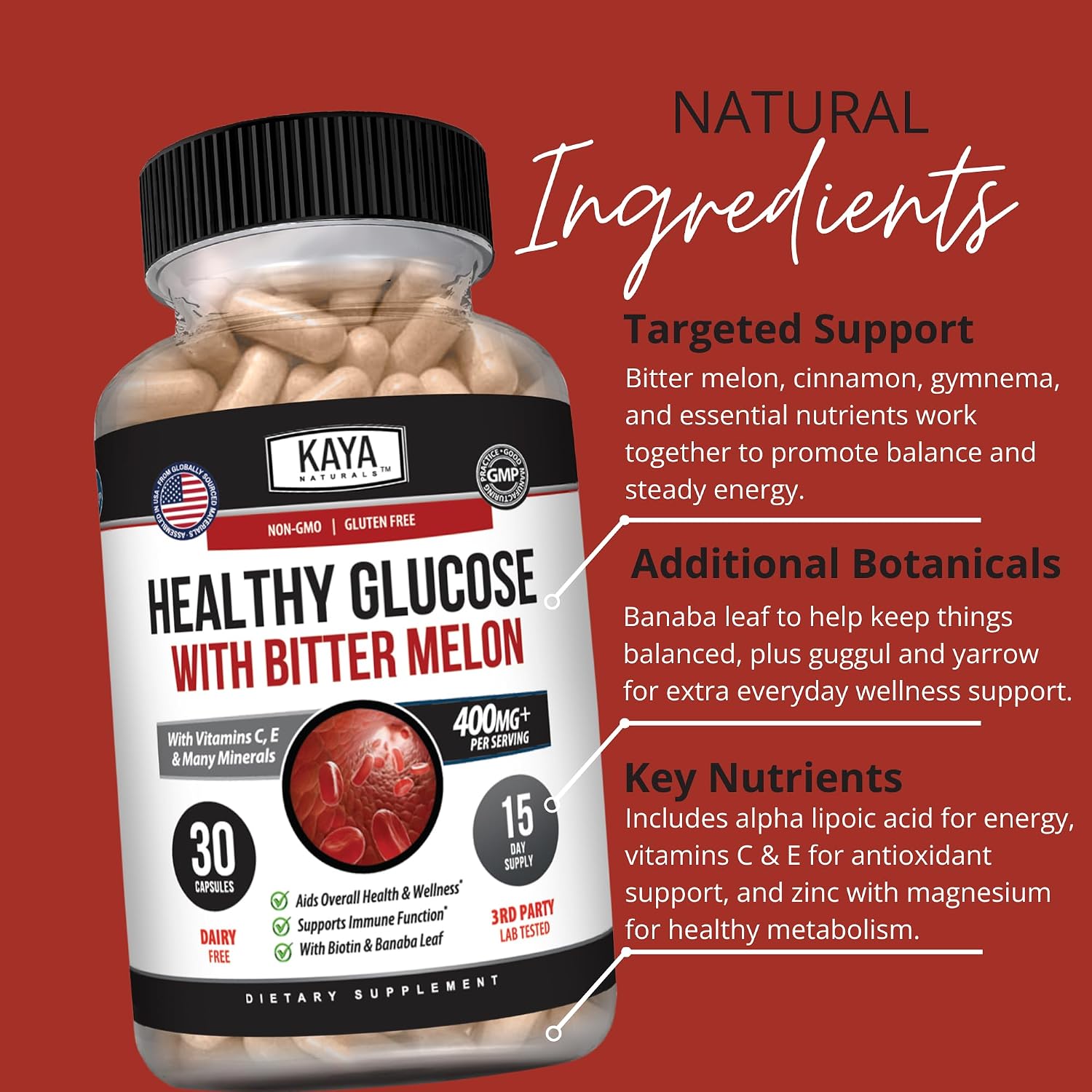 Kaya Naturals Healthy Gluco con Melón Amargo - Suplemento de 20 Hierbas, Vitaminas y Minerales, 30 Cápsulas