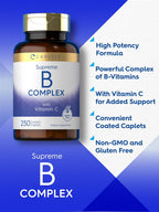 Carlyle Complejo de Vitaminas B con Vitamina C | 250 Comprimidos | Suplemento para Mujeres y Hombres | Vegetariano, Sin OGM y Sin Gluten