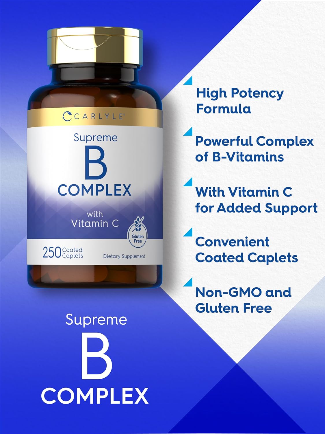 Carlyle Complejo de Vitaminas B con Vitamina C | 250 Comprimidos | Suplemento para Mujeres y Hombres | Vegetariano, Sin OGM y Sin Gluten