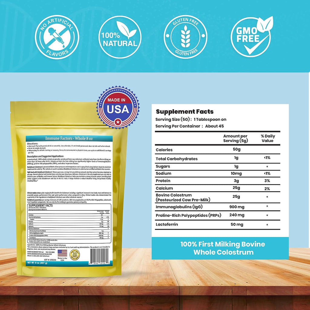 BodyBoost Colostrum Whole – Colostrum Bovino 100% en Polvo, Inmunoglobulinas y Lactoferrina, de Pasto, Salud Intestinal e Inmune, 227 g