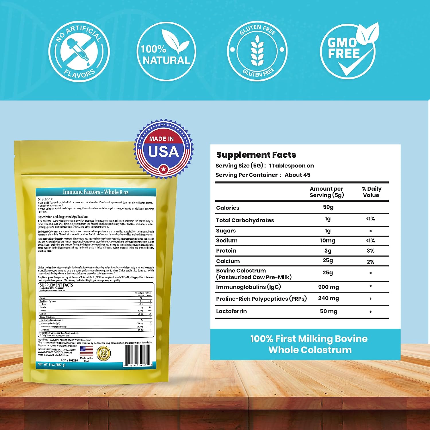 BodyBoost Colostrum Whole – Colostrum Bovino 100% en Polvo, Inmunoglobulinas y Lactoferrina, de Pasto, Salud Intestinal e Inmune, 227 g