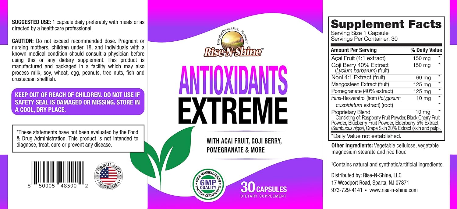 Rise-N-Shine Antioxidants Extreme Suplemento Antioxidante con Acai, Goji, Noni, Mangostán, Granada, Resveratrol, Saúco y Más - 30 Cápsulas