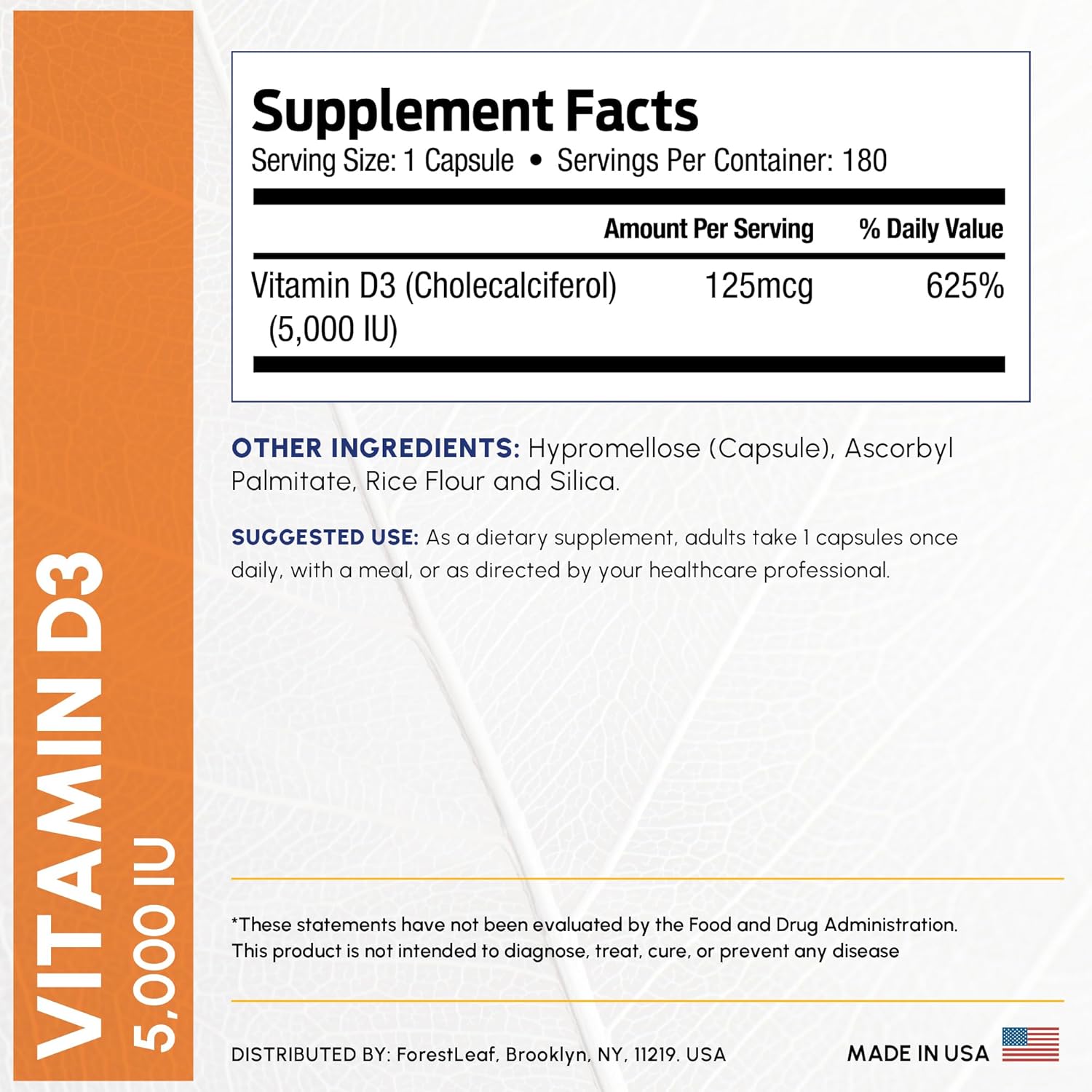 ForestLeaf Vitamina D3 5000 UI - 180 Cápsulas - Apoyo para Huesos, Dientes e Inmunidad