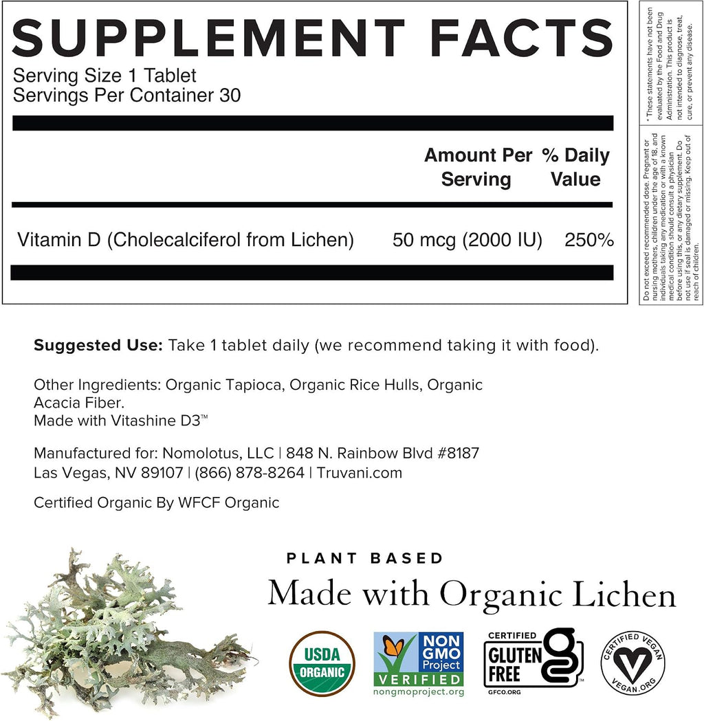 Truvani Vitamina D3 Orgánica Vegana - 30 Comprimidos