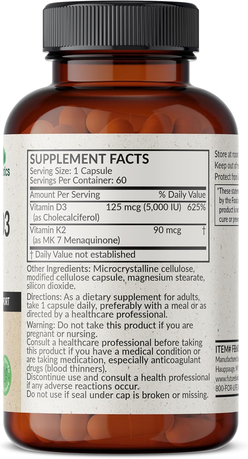 Futurebiotics Vitamina D3 y K2 MK-7 - 5000 UI D3 + 90 mcg K2 MK-7, 60 Cápsulas Vegetarianas