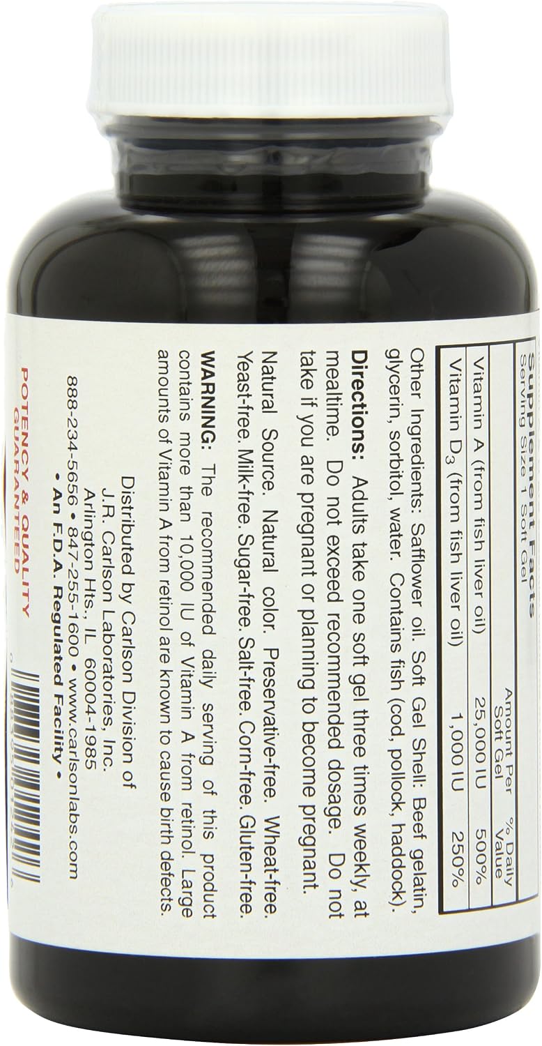 Carlson Labs Vitamina A y D, 25000/1000 UI, 250 Cápsulas Blandas