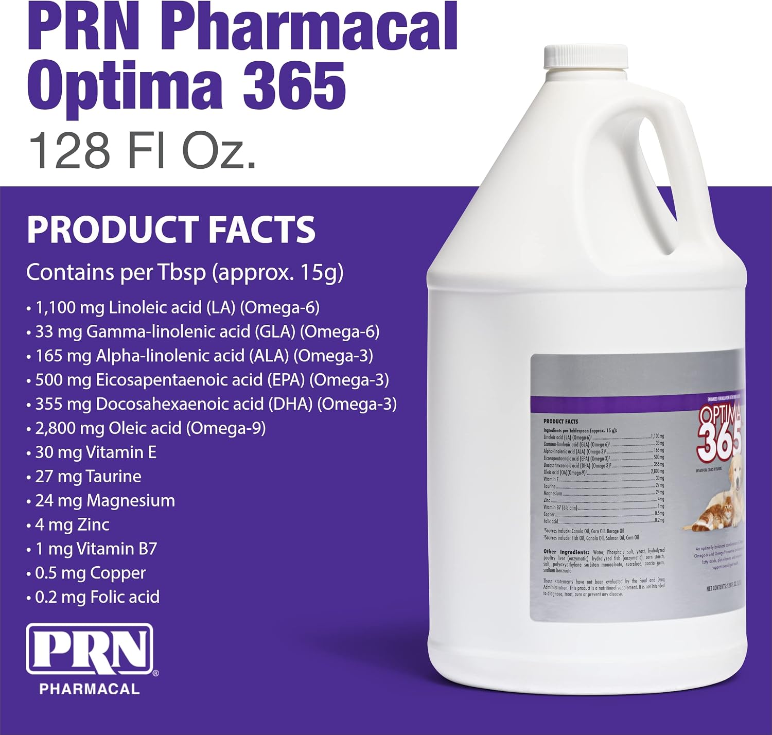 PRN Pharmacal Optima 365 - Suplemento nutricional de ácidos grasos esenciales para perros y gatos - con Omega-3, Omega-6, Omega-9 y vitaminas - Apoya la salud de la piel y el pelaje - 3.785 L