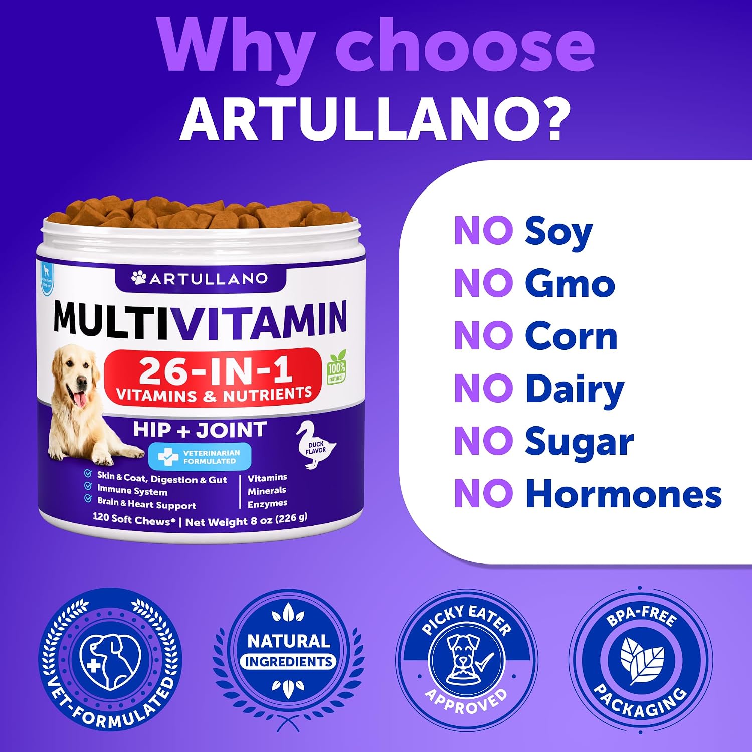 Artullano Multivitamínico para Perros 26 en 1 con Glucosamina - 120 Comprimidos Masticables