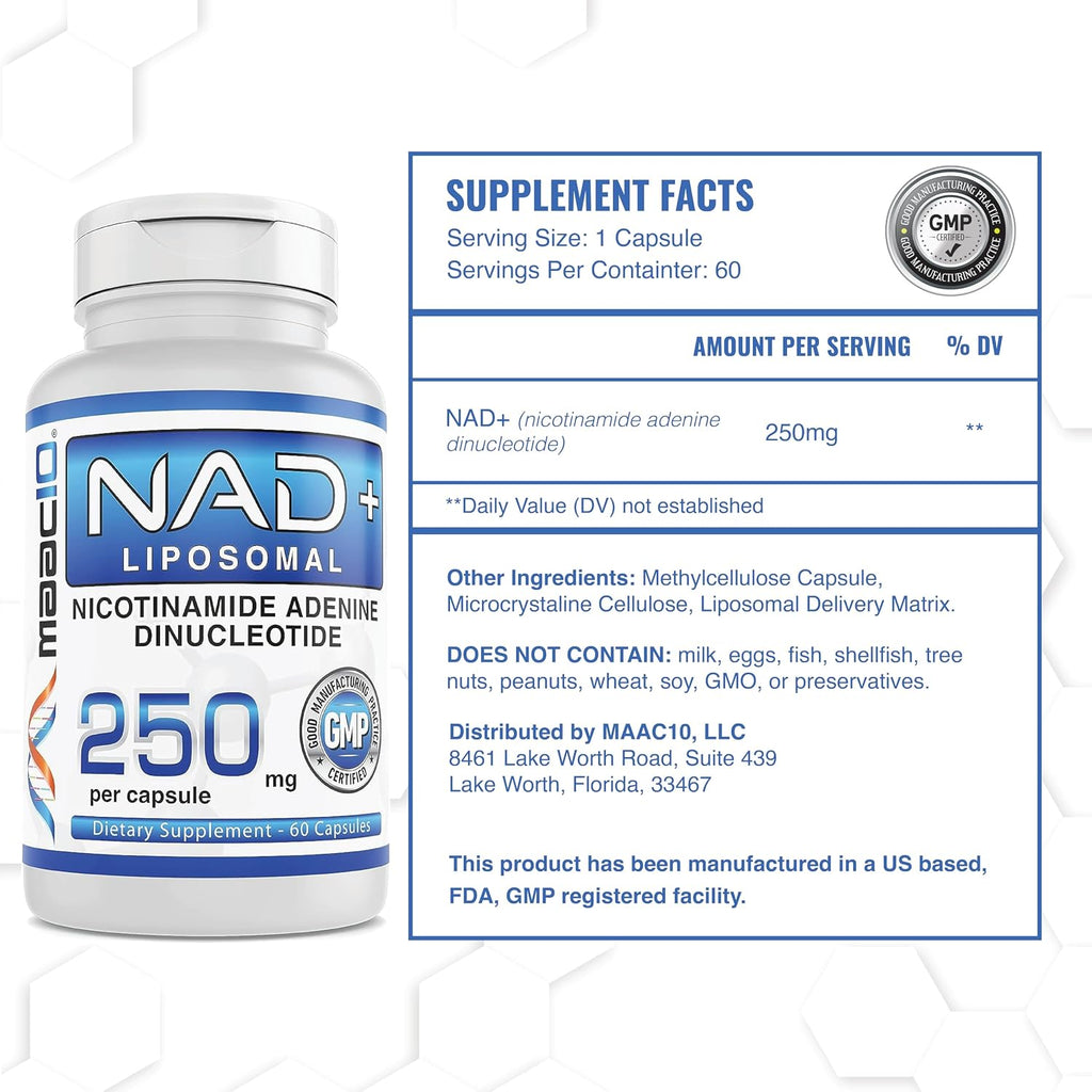 MAAC10 NAD+ Liposómico (180 Cápsulas de 250mg) | Apoyo Energético y Envejecimiento Saludable – Sin OGM, Sin Gluten, Vegano (3 Envases)