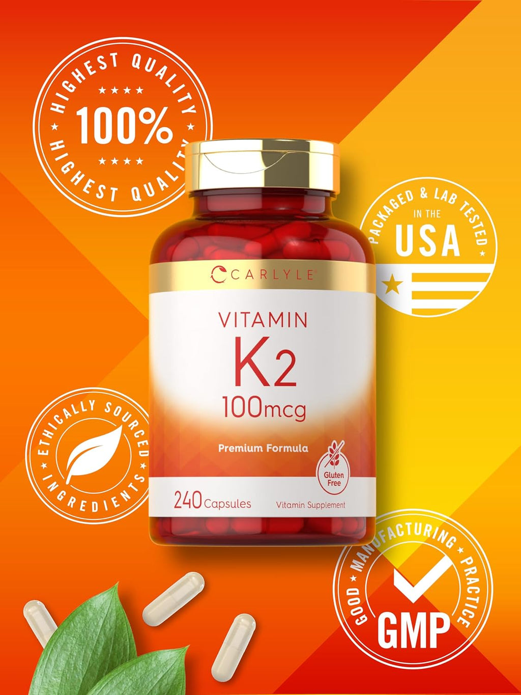 Carlyle Vitamin K2 Supplement 100 mcg MK-4, 240 Cápsulas