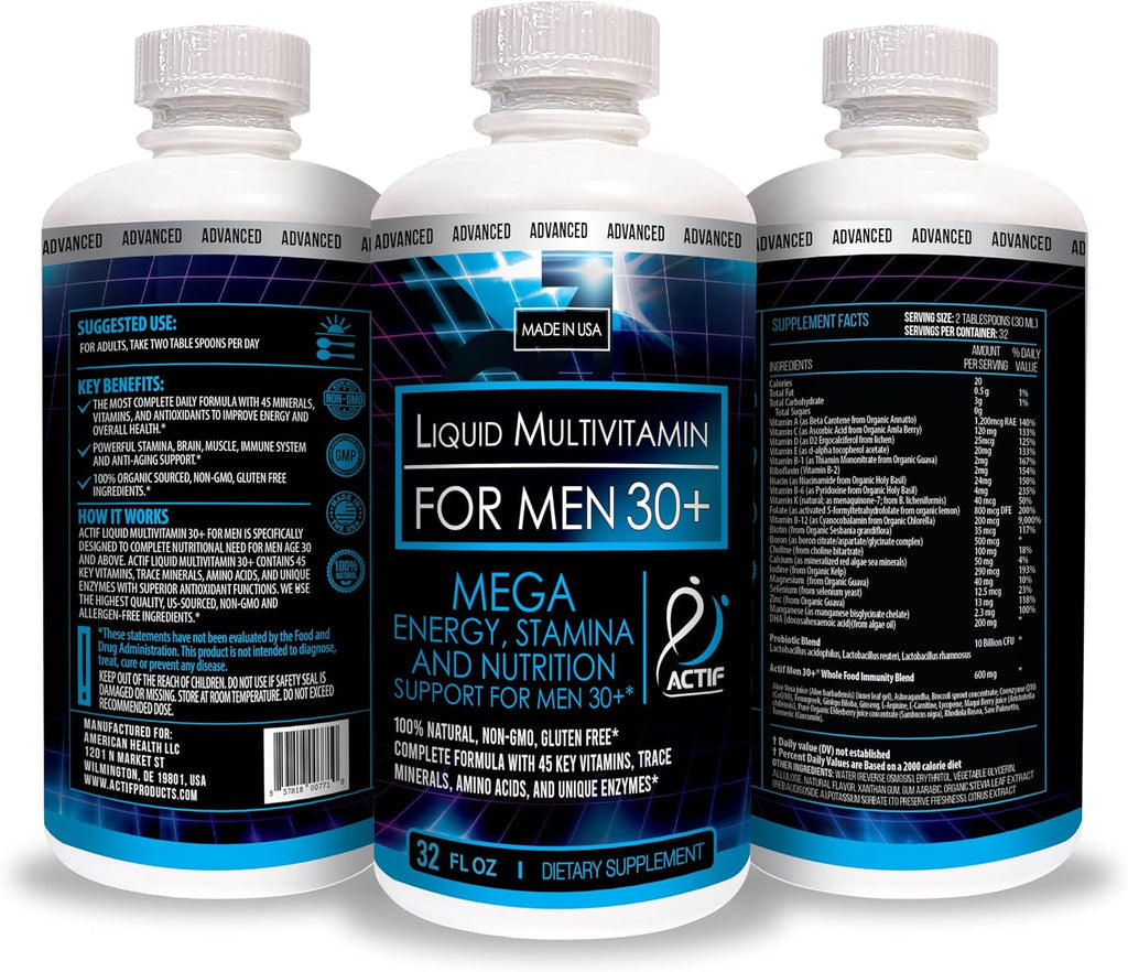 ACTIF Multivitamínico Líquido Diario para Hombres 30+ con 45 Factores Avanzados - Non GMO, 946 ml
