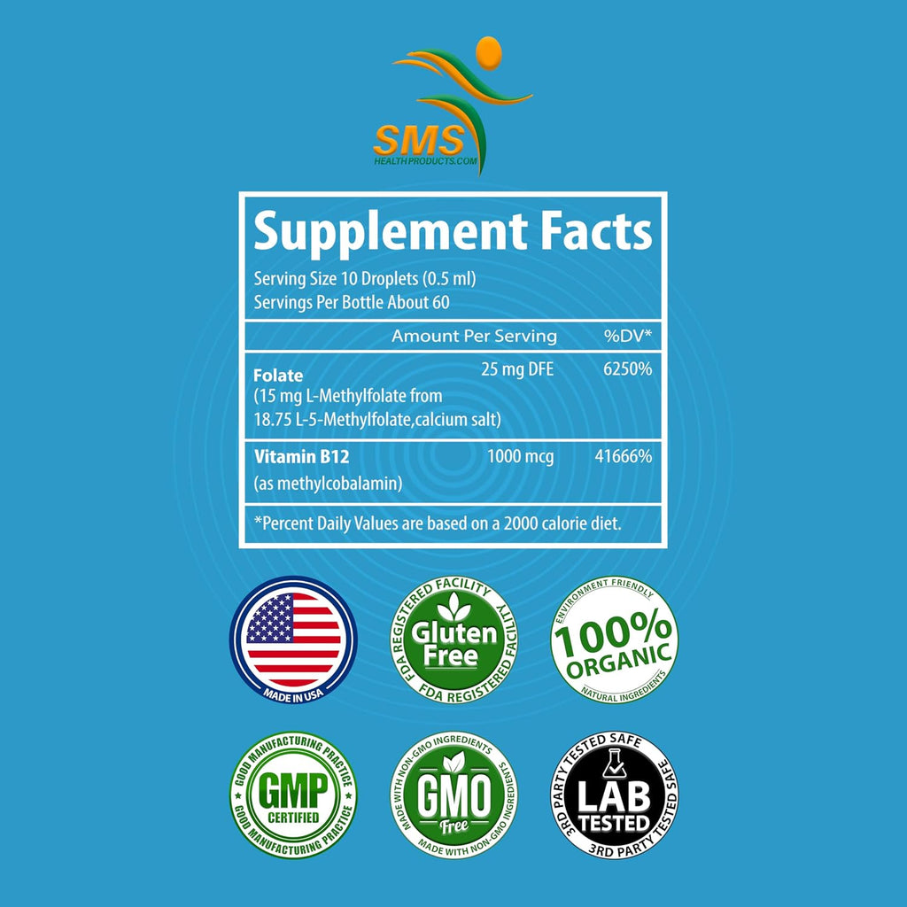 L-Methylfolate 15mg + Methyl B12 Gotas Líquidas Sublinguales, Alta Potencia, 5-MTHF Activo y B12 Bioactivo, Sabor a Baya (60ml)