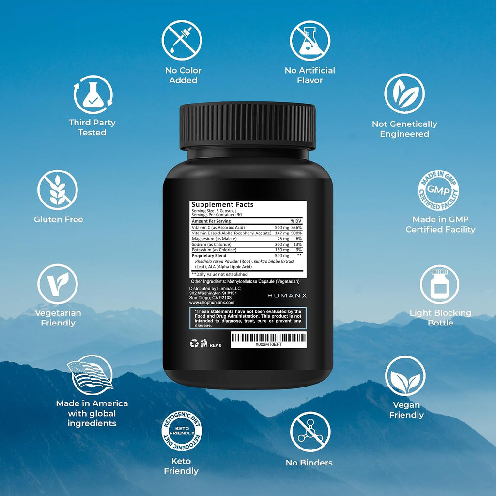 Altitude Assist - Prevención del Mal de Altura - Alivio para Deportes de Montaña - No Transgénico, Vegano, Keto - Fórmula para Aclimatación - HumanX