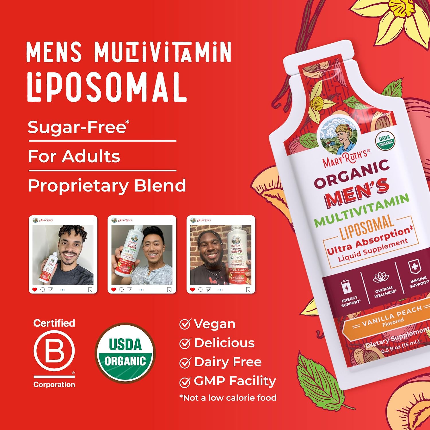 MaryRuth Organics Multivitamínico Líquido para Hombres con Tecnología Liposomal, Sabor Melocotón Vainilla, Orgánico, Sin Azúcar, Vegano, 14 sobres de 15 ml