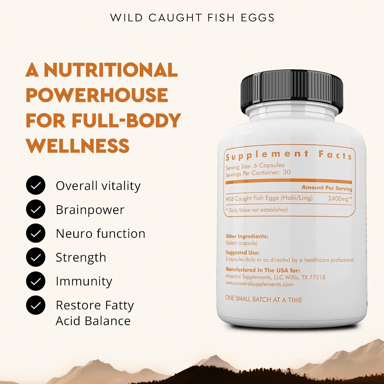 Ancestral Supplements Omega 3 Huevas de Pescado Salvaje, 2400mg, 180 Cápsulas