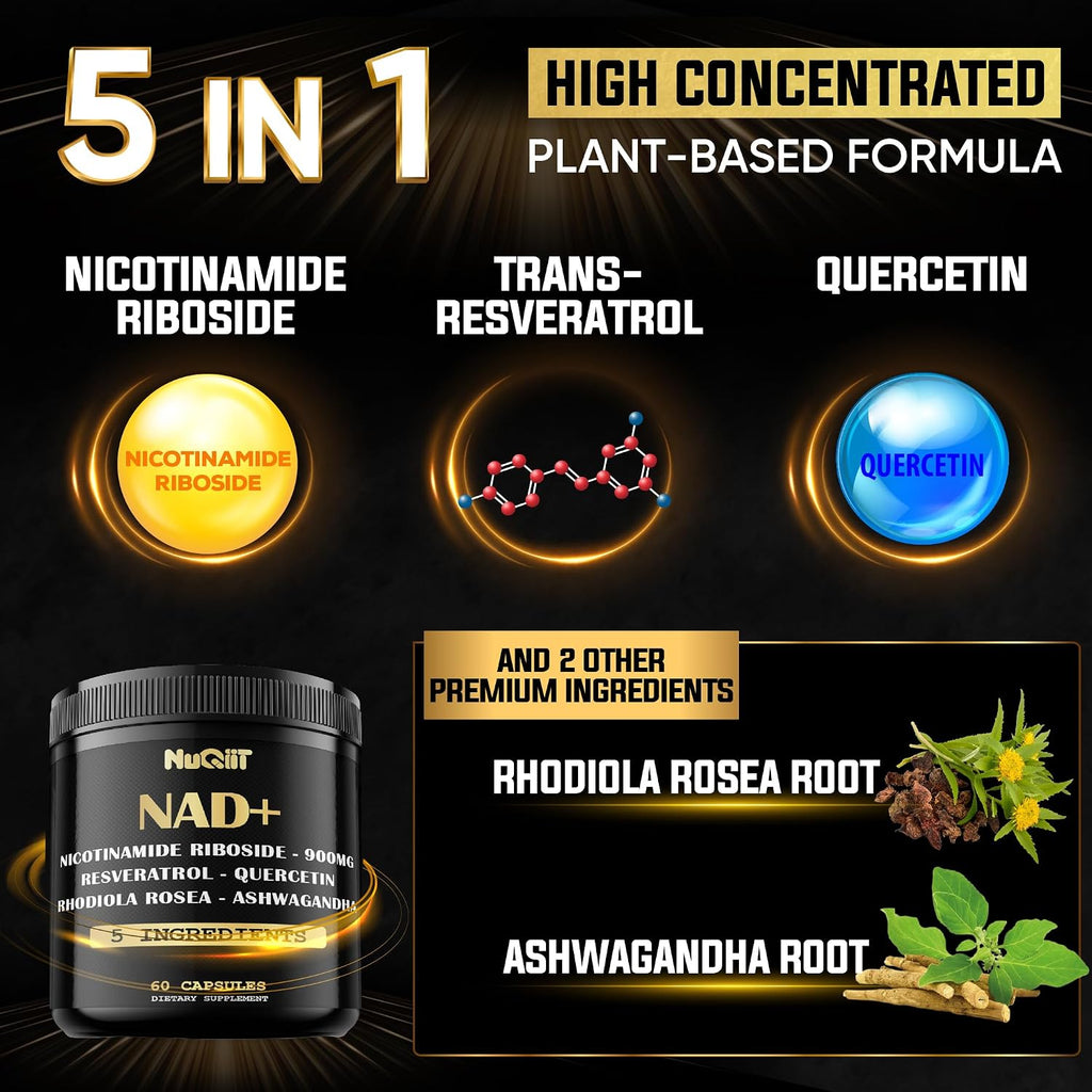 NUQIIT Suplemento NAD+ con Nicotinamida Ribósido, Resveratrol, Quercetina, Cúrcuma, Rhodiola Rosea - 60 Cápsulas