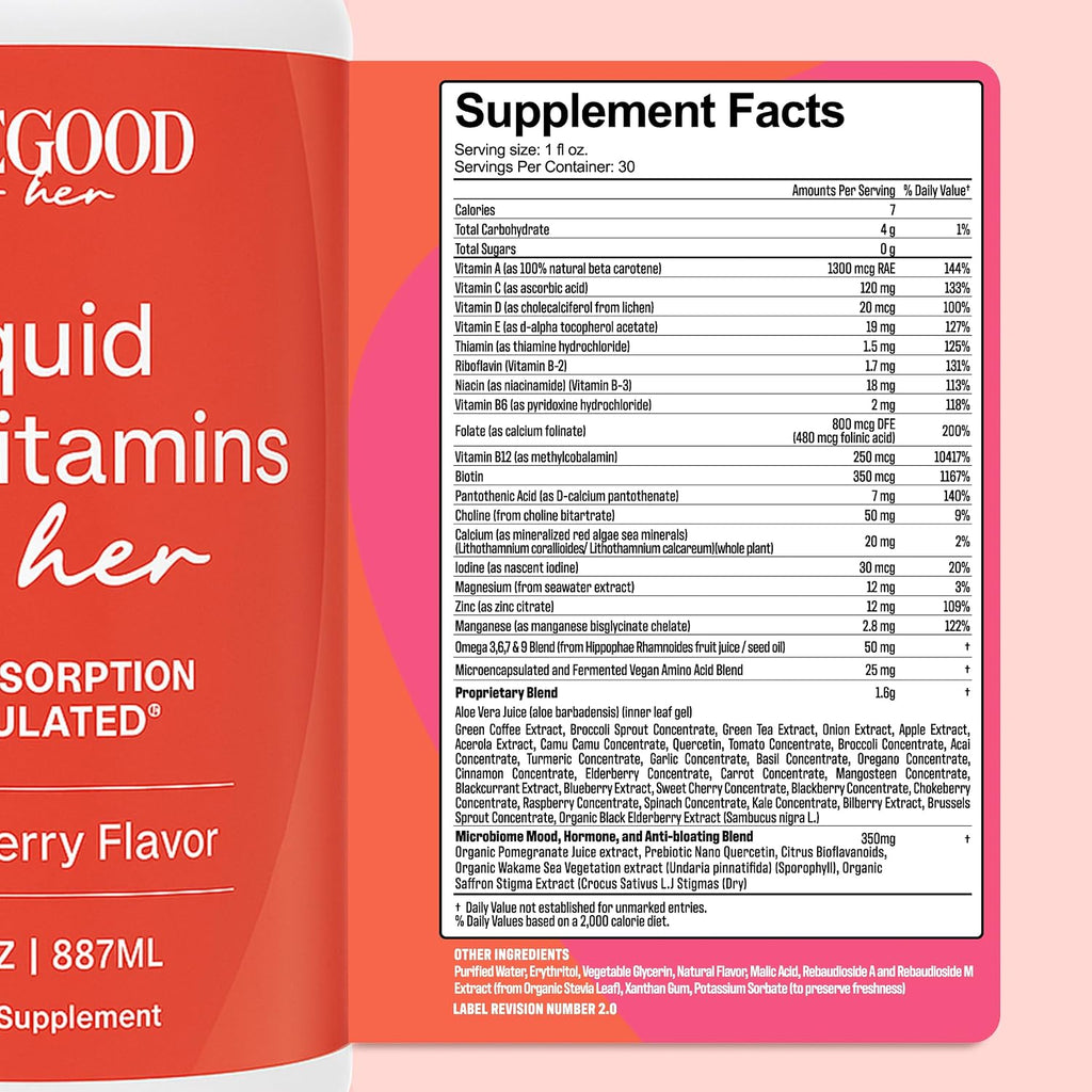 PureGood Liquid Multivitamin for Women | Multivitamínico Líquido para Mujeres con B12 Metilado, Folato, Biotina y Azafrán | Omega 3 6 7 9 | Energía, Estado de Ánimo y Equilibrio Hormonal | Sin Hierro | Sin Azúcar | 887 ml