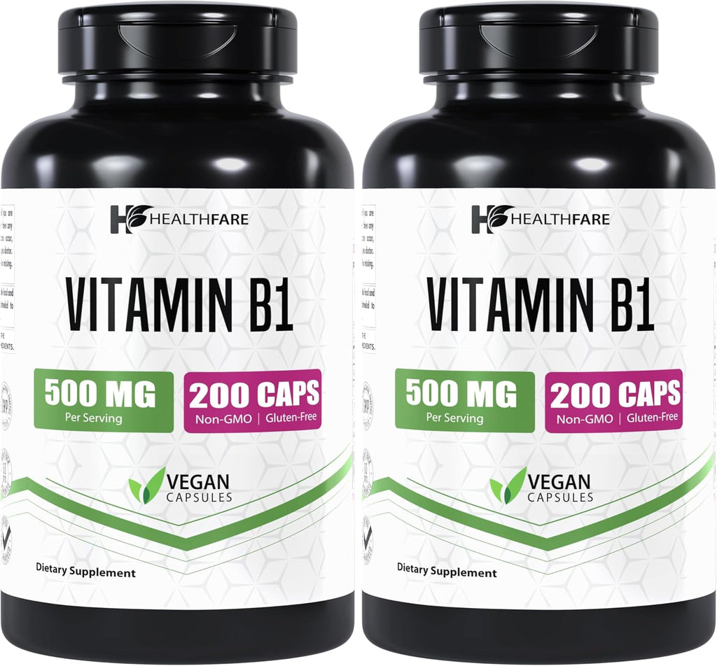 Healthfare Vitamina B1 (Tiamina) 500mg | 200 Cápsulas Veganas | Alta Potencia