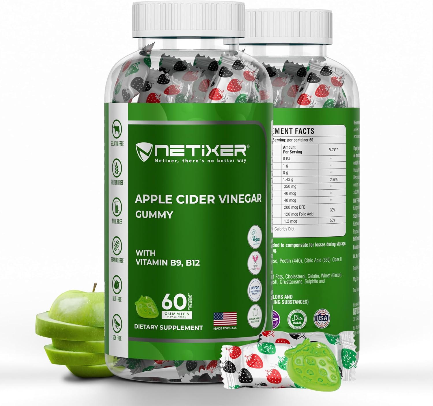 nETiXER Gominolas de Vinagre de Manzana – 350mg, con Vitamina B9 y B12 – Veganas – 60 Gominolas