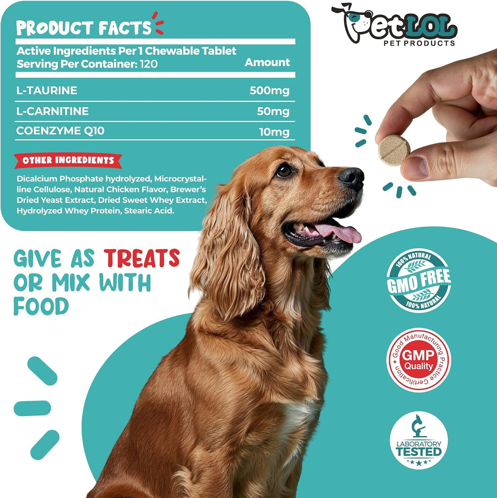 PET LOL Taurina para Perros con L-Carnitina y CoQ10, 120 Comprimidos Masticables