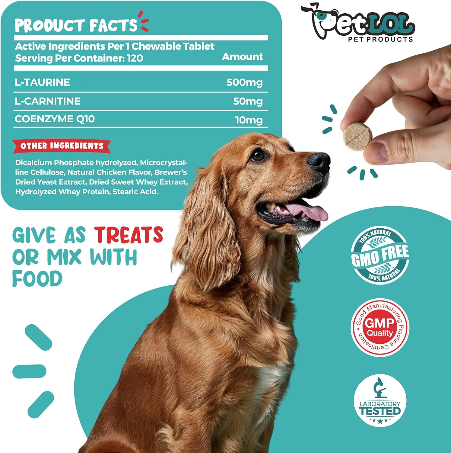PET LOL Taurina para Perros con L-Carnitina y CoQ10, 120 Comprimidos Masticables