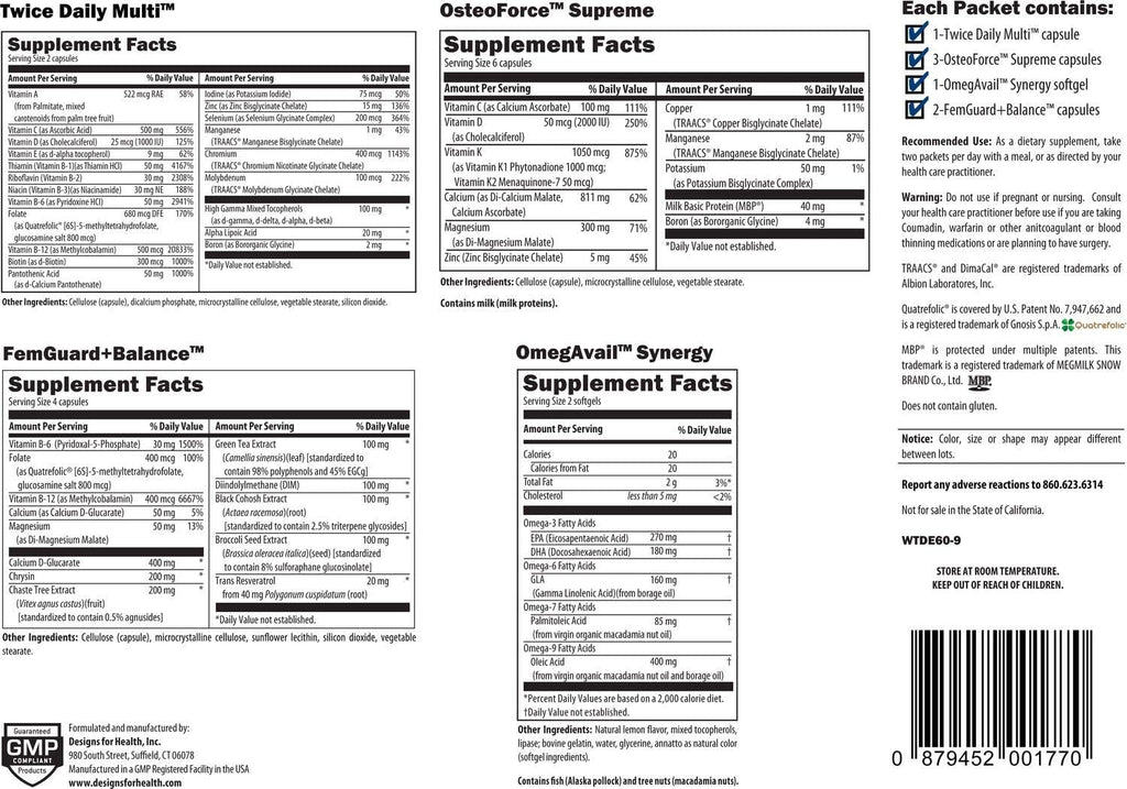Designs for Health Paquetes Esenciales para Mujer - Multivitamínico sin Hierro, OsteoForce, OmegAvail + FemGuard+Balance (60 Paquetes)