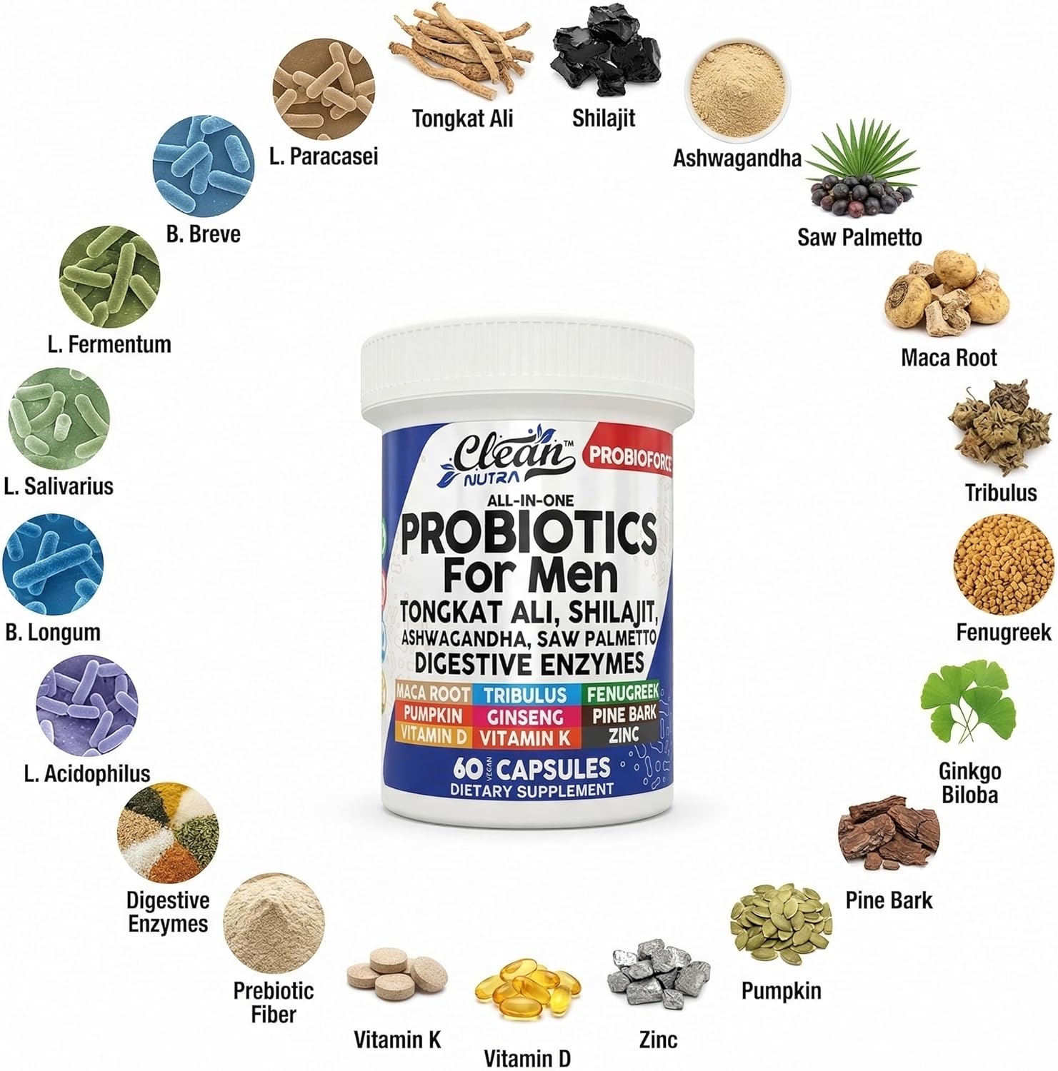 Clean Nutra Probiótico para Hombres - Complejo con Hierbas, Enzimas y Probióticos - 60 Cápsulas