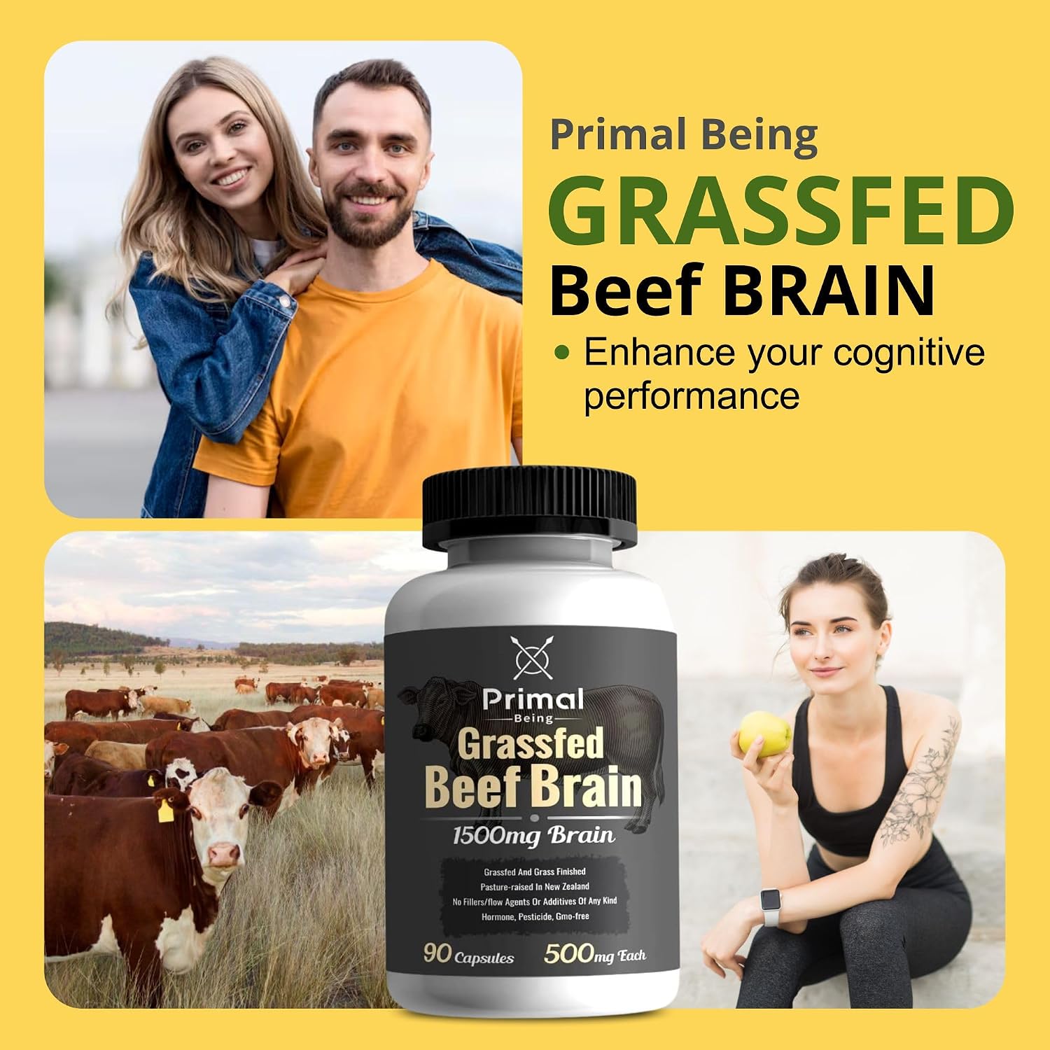 Primal Being Cerebro de Res de Pasto - 90 Cápsulas, 1500mg por Dosis